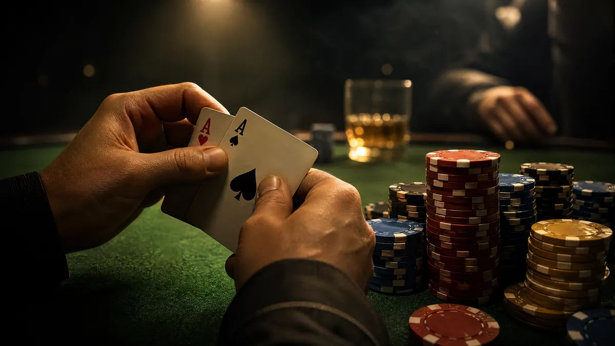 Pemain poker memegang dua kartu as di meja hijau dengan tumpukan chip