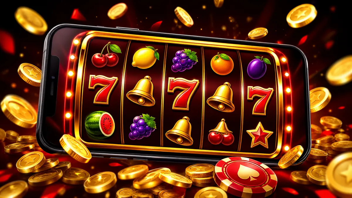 Ilustrasi mesin slot modern di layar ponsel dengan koin emas
