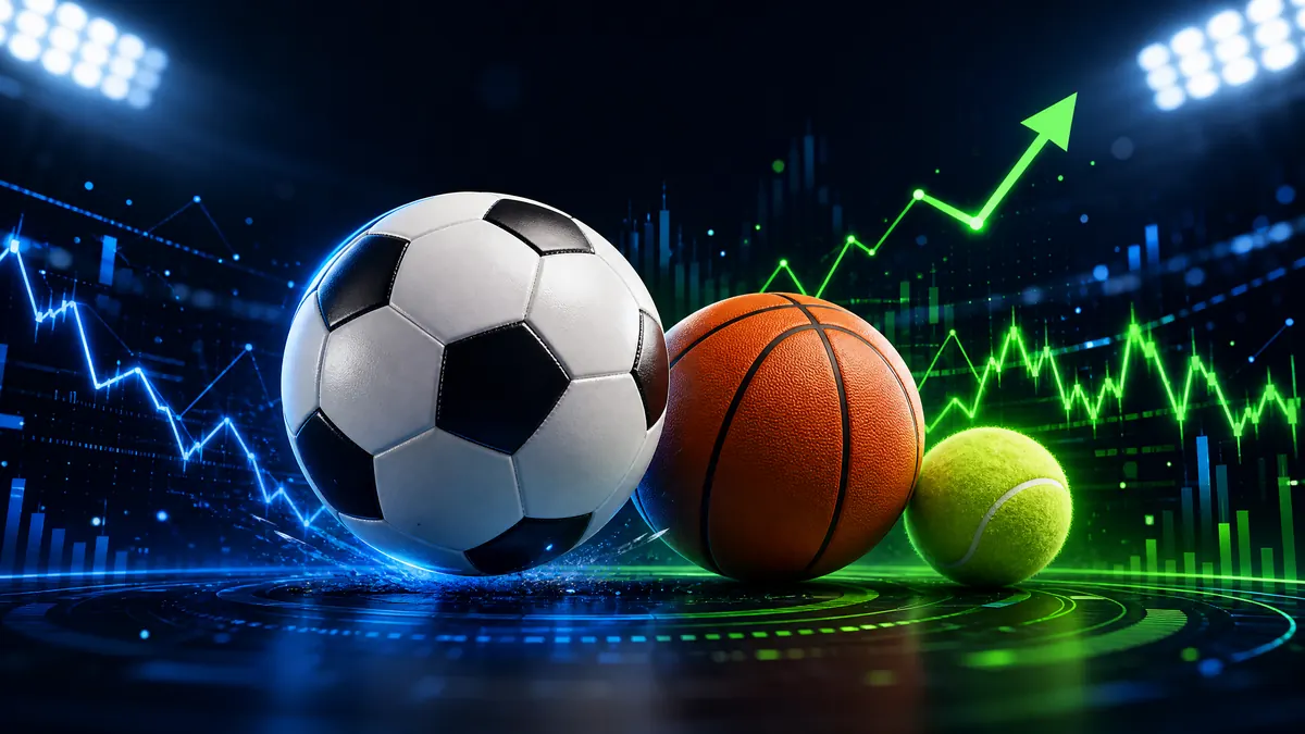 Ilustrasi bola sepak, basket, dan tenis dengan grafik odds digital
