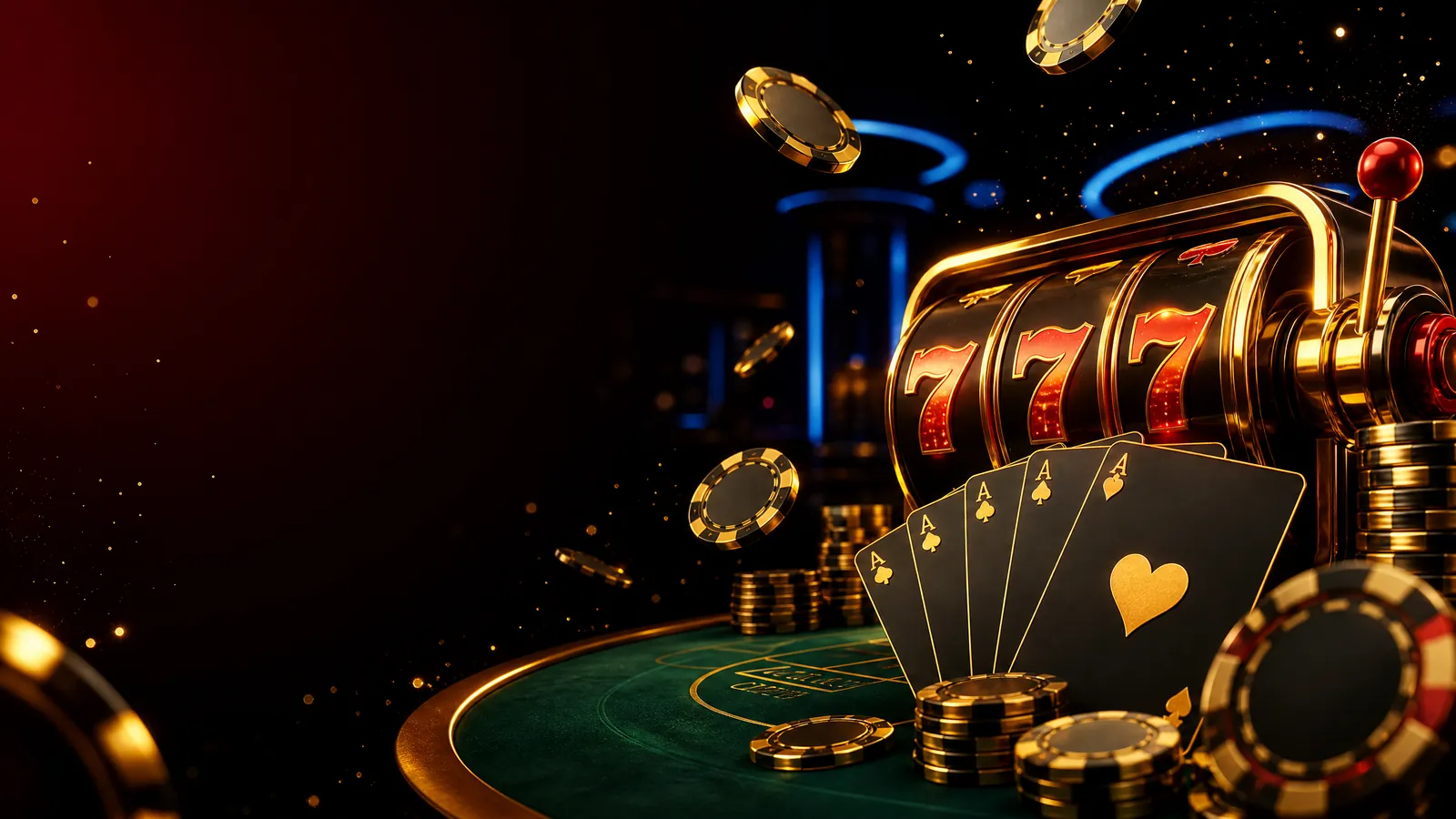 Ilustrasi meja kasino dengan mesin slot, kartu as, dan chip emas