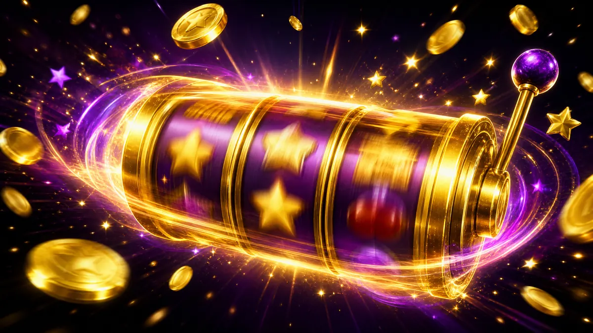 Ilustrasi gulungan slot emas berputar dengan koin